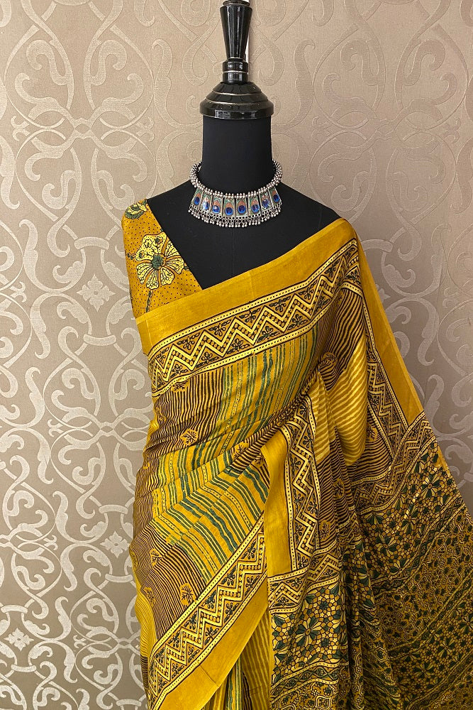 Yellow Pure Modal Silk Ajrakh  Printed  Saree With Blouse