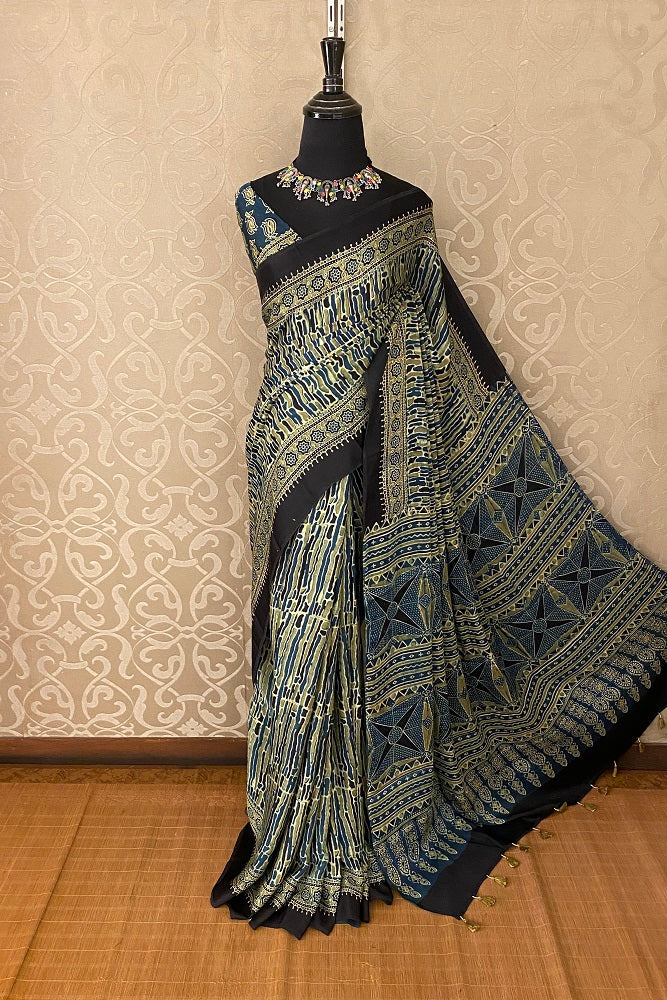 Blue Green Pure Modal Silk Ajrakh  Printed  Saree With Blouse