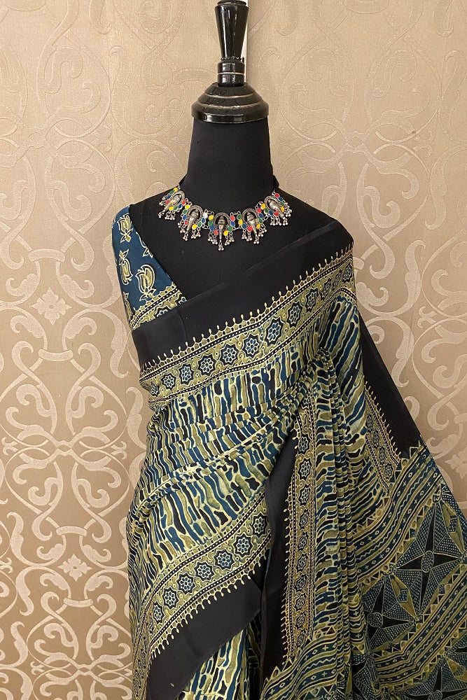 Blue Green Pure Modal Silk Ajrakh  Printed  Saree With Blouse