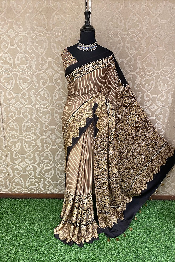 Light Brown Pure Modal Silk Ajrakh  Printed  Saree With Blouse