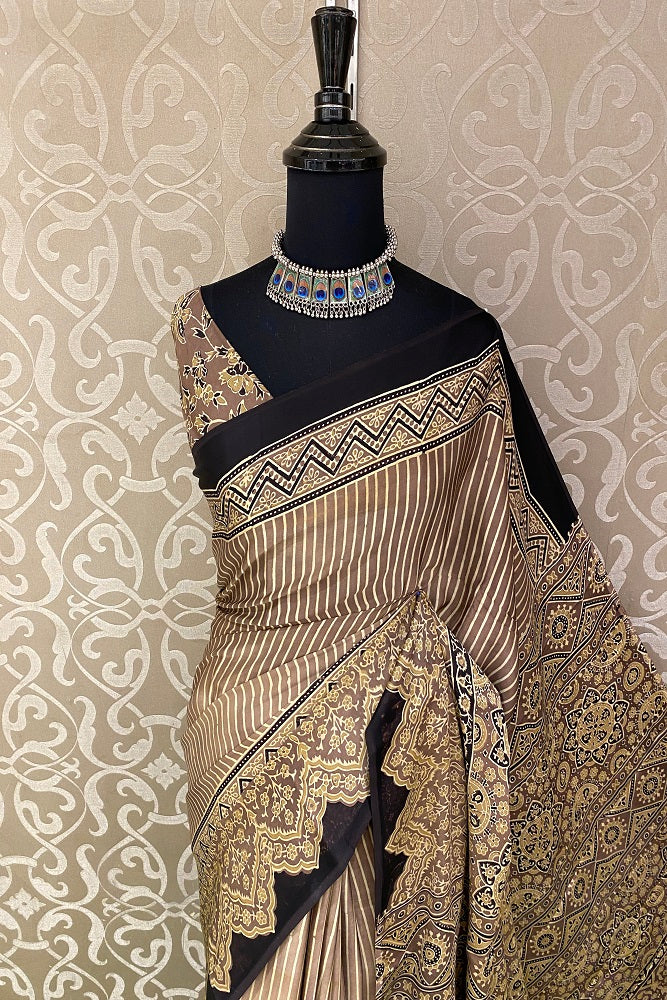 Light Brown Pure Modal Silk Ajrakh  Printed  Saree With Blouse