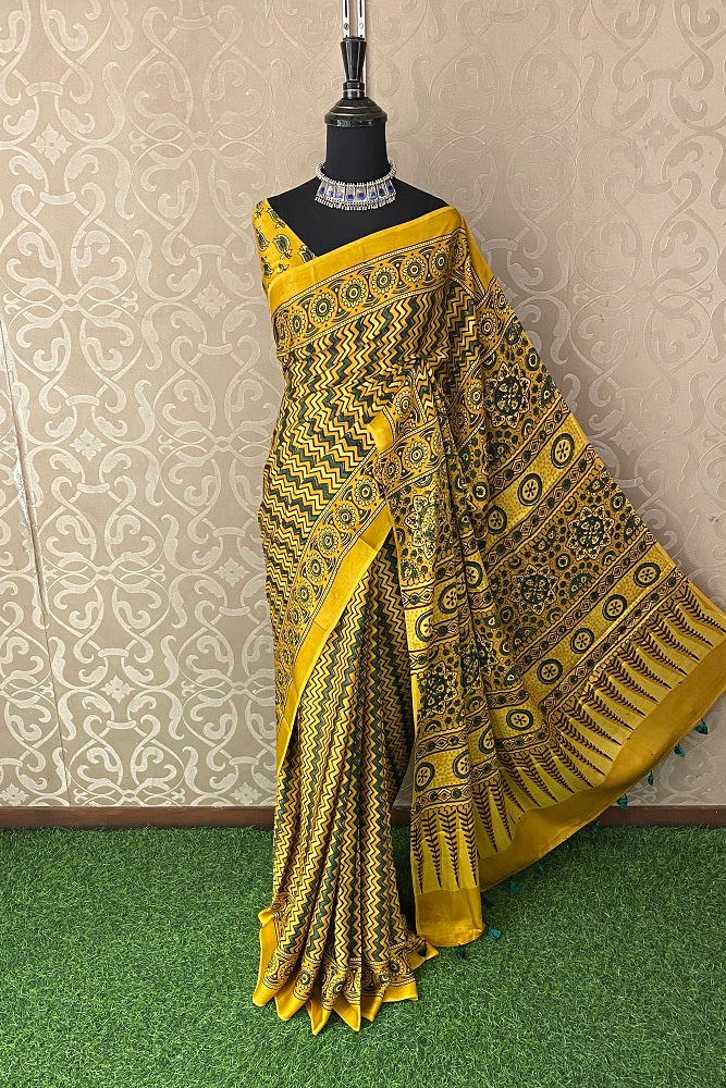 Yellow Pure Modal Silk Ajrakh  Printed  Saree With Blouse