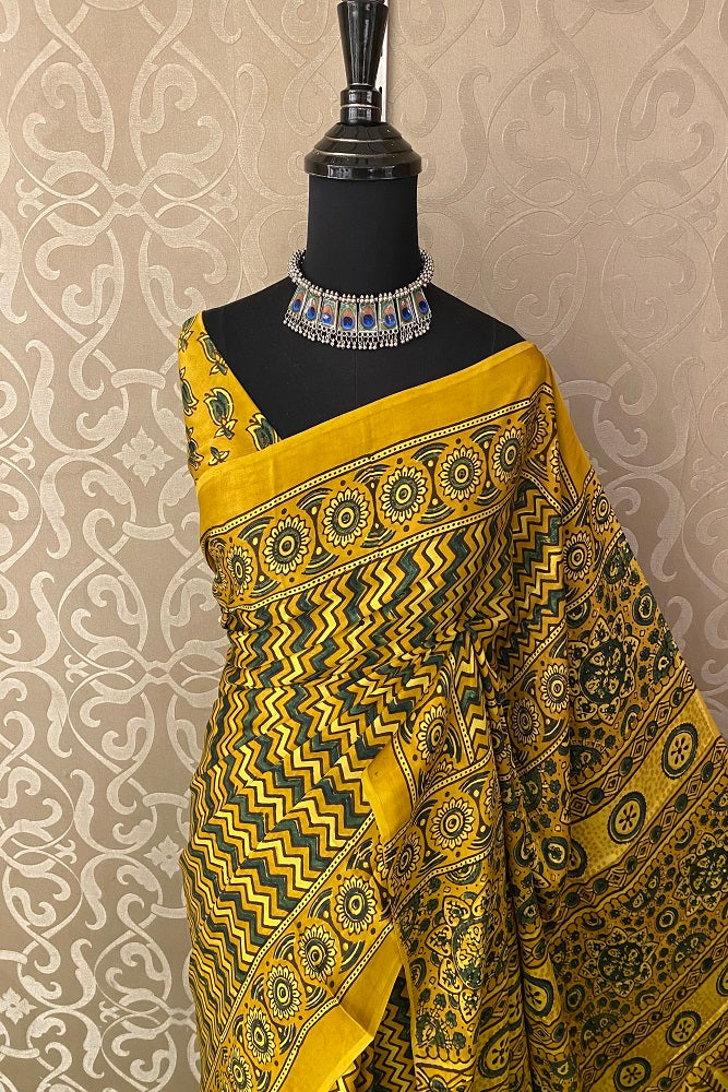 Yellow Pure Modal Silk Ajrakh  Printed  Saree With Blouse