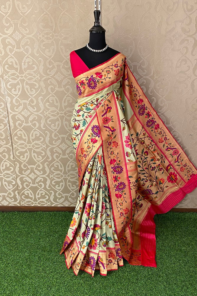 Pastel Green Paithani Silk Saree, Multi Colour Weaving