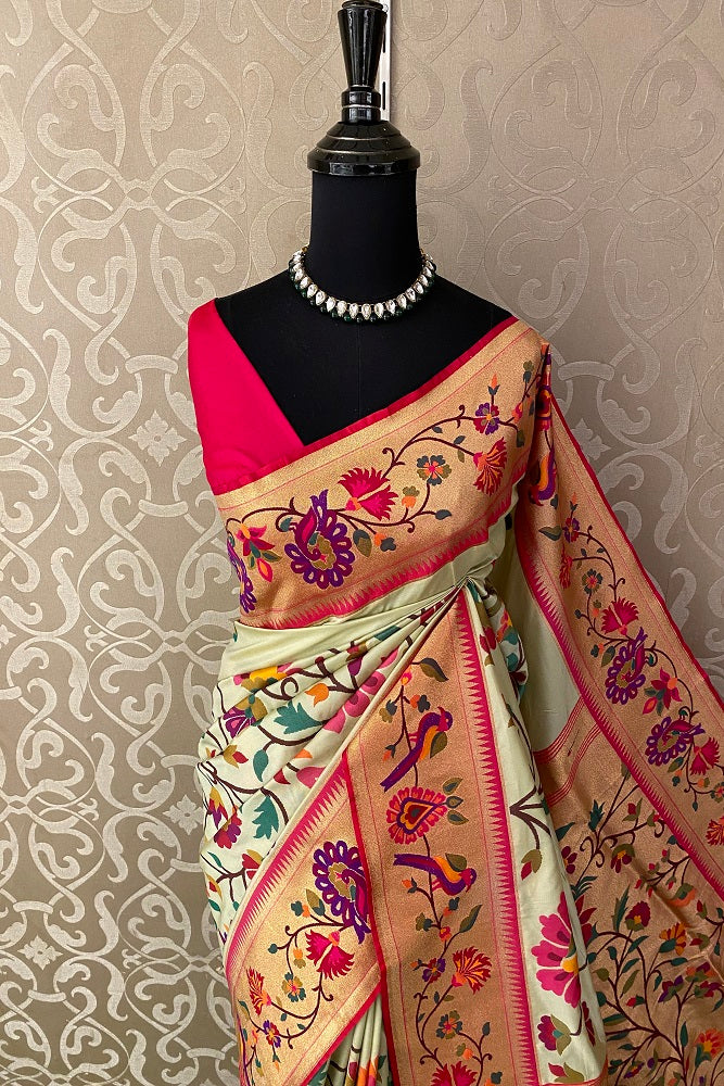 Pastel Green Paithani Silk Saree, Multi Colour Weaving