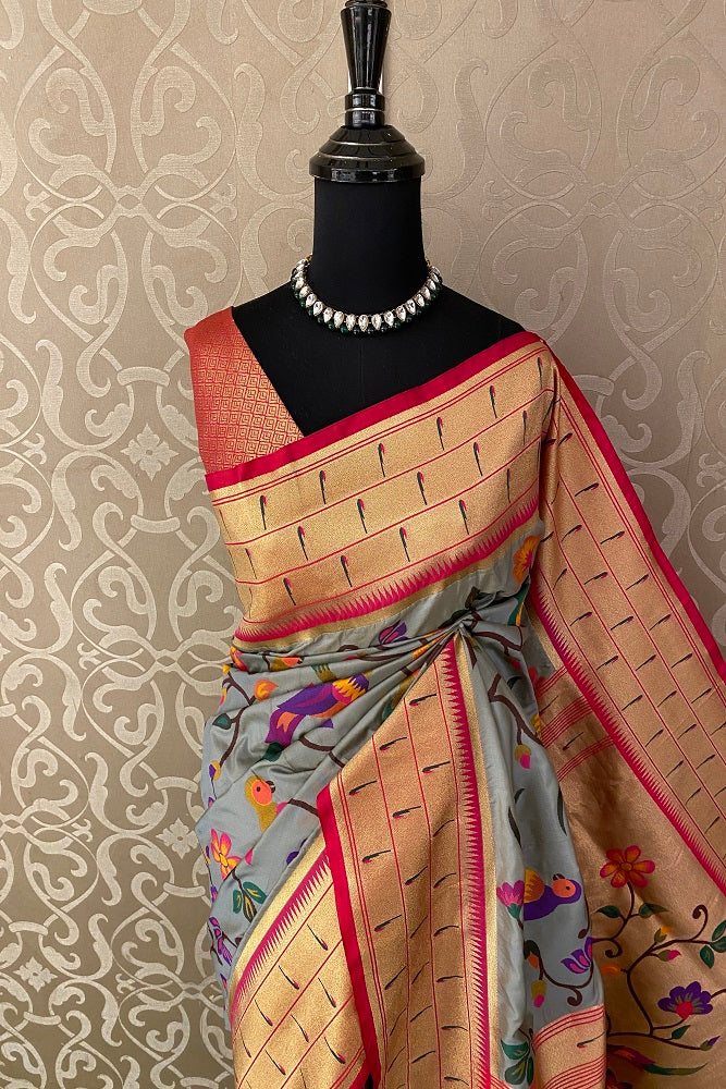 Grey Paithani Silk Saree, Multi Colour Weaving, With Blouse