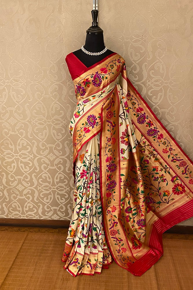 Offwhite Paithani Silk Saree, Multi Colour Weaving, With Blouse