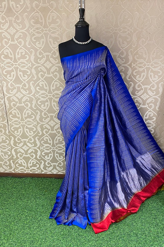 Blue Pure Mashru Silk Saree Hand Weaving, With Blouse