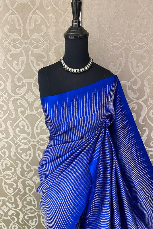 Blue Pure Mashru Silk Saree Hand Weaving, With Blouse