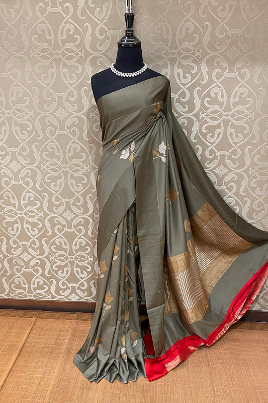 Grey Pure Mashru Silk Saree Hand Weaving, With Blouse
