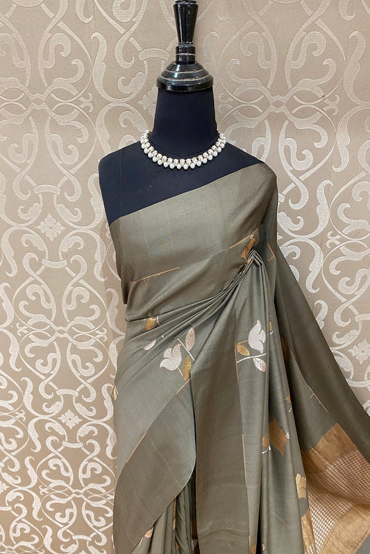 Grey Pure Mashru Silk Saree Hand Weaving, With Blouse