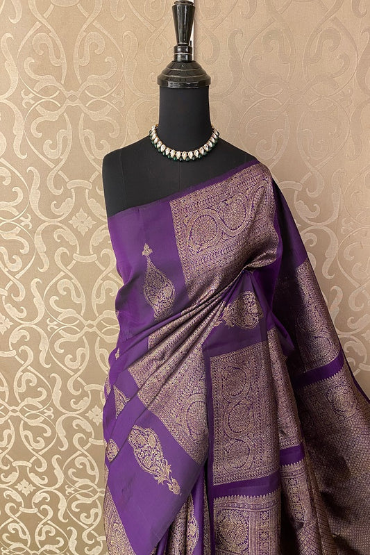 Purple Pure Kanjeevaram Silk Saree, With Blouse