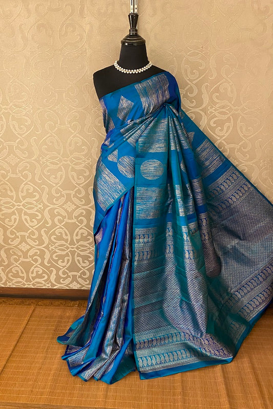 Peacock Blue Pure Kanjeevaram Silk Saree, With Blouse