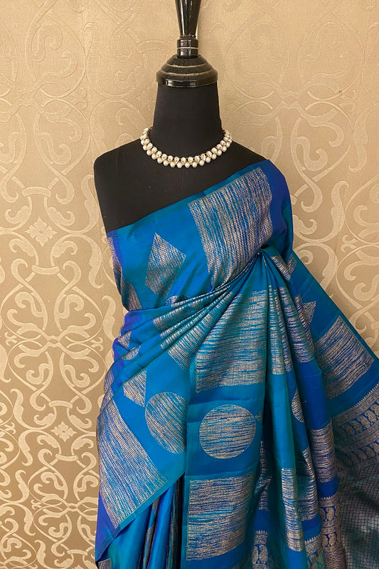 Peacock Blue Pure Kanjeevaram Silk Saree, With Blouse