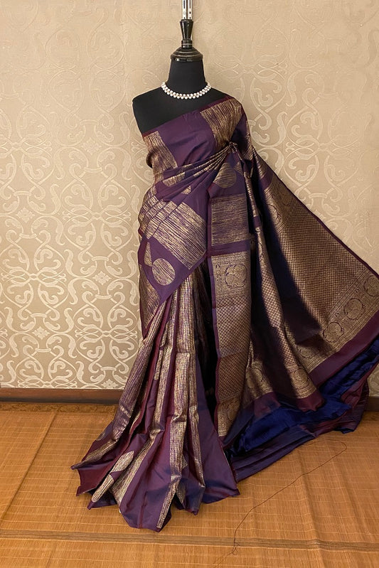 Purple Pure Kanjeevaram Silk Saree, With Blouse