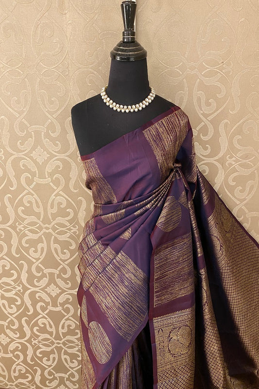 Purple Pure Kanjeevaram Silk Saree, With Blouse
