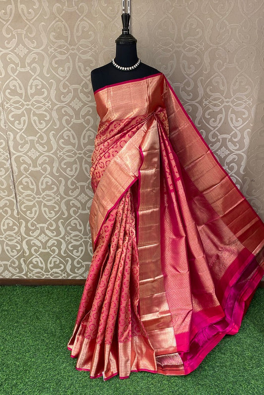 Redish Pink Pure Kanjeevaram Silk Saree, With Blouse