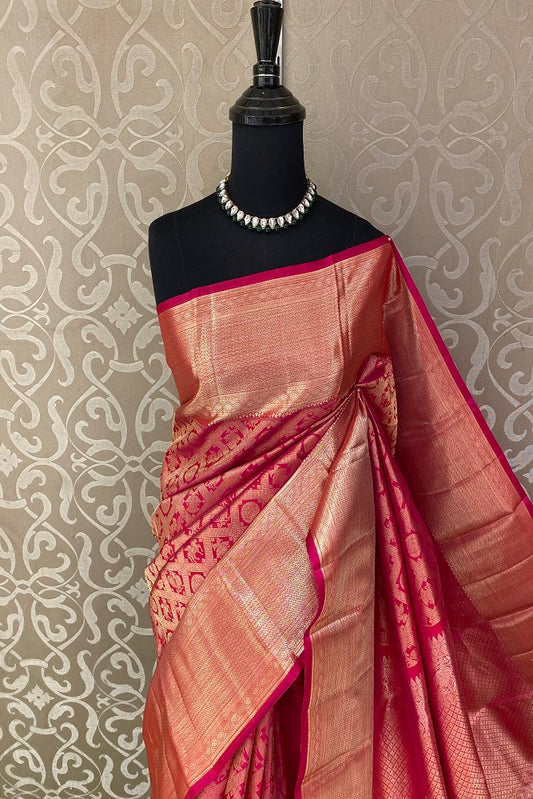 Redish Pink Pure Kanjeevaram Silk Saree, With Blouse