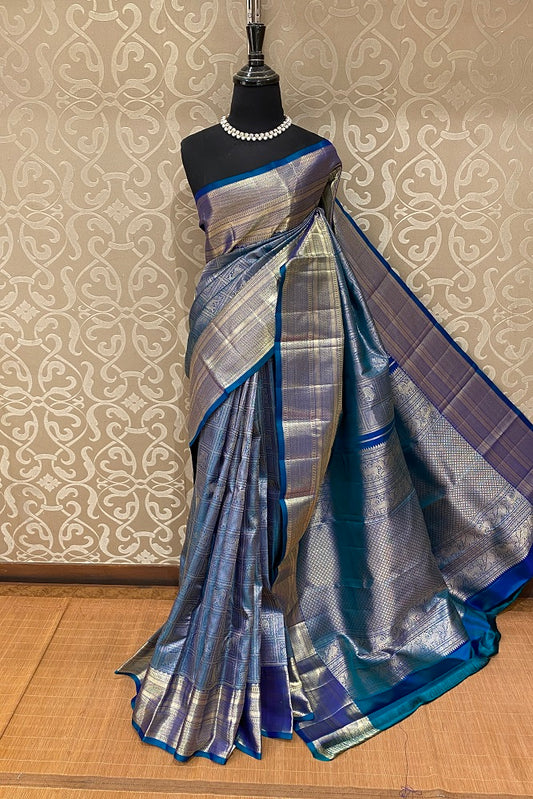 Peacock Blue Pure Kanjeevaram Silk Saree, With Blouse