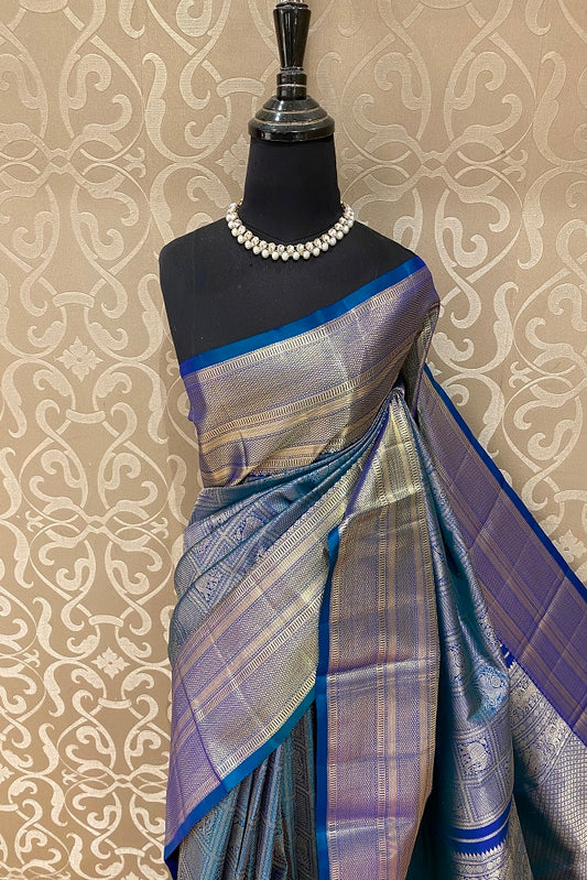 Peacock Blue Pure Kanjeevaram Silk Saree, With Blouse