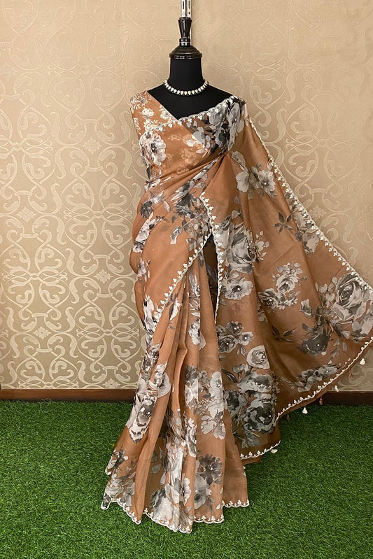 Peach Brown Organza Print & Embroidery Party Wear Saree With Blouse Piece