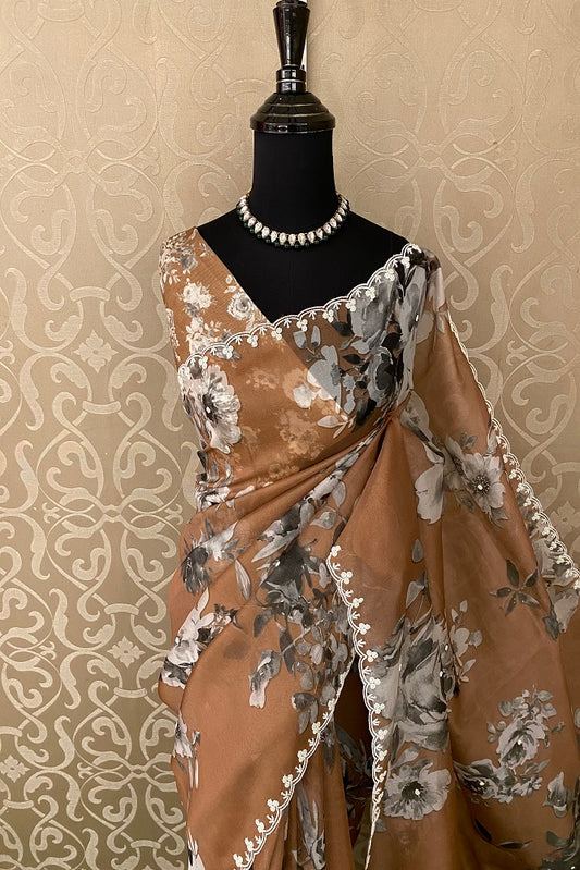 Peach Brown Organza Print & Embroidery Party Wear Saree With Blouse Piece