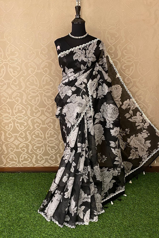Black Organza Print & Embroidery Party Wear Saree With Blouse Piece