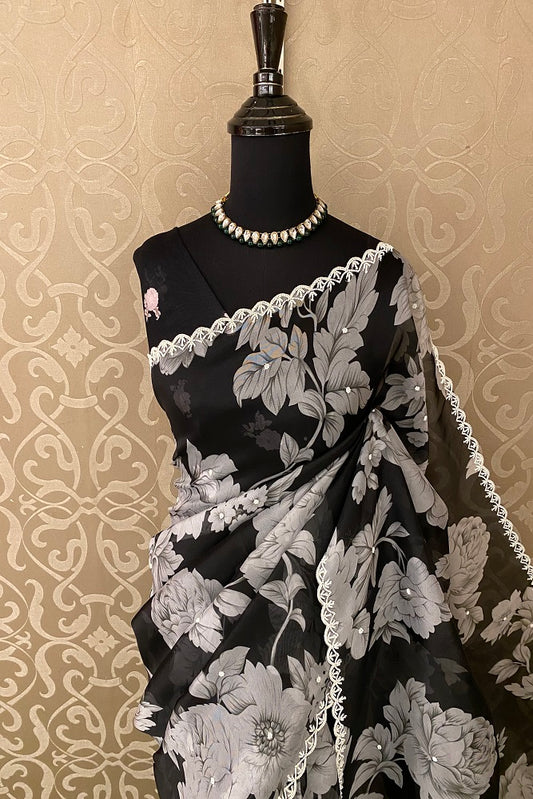 Black Organza Print & Embroidery Party Wear Saree With Blouse Piece