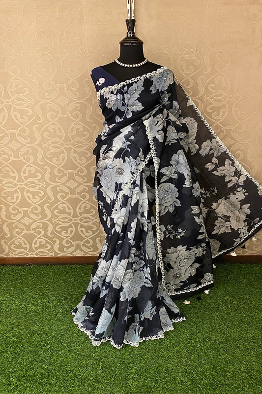 Blue Organza Print & Embroidery Party Wear Saree With Blouse Piece