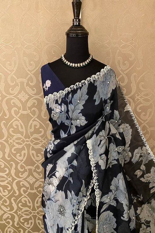 Blue Organza Print & Embroidery Party Wear Saree With Blouse Piece