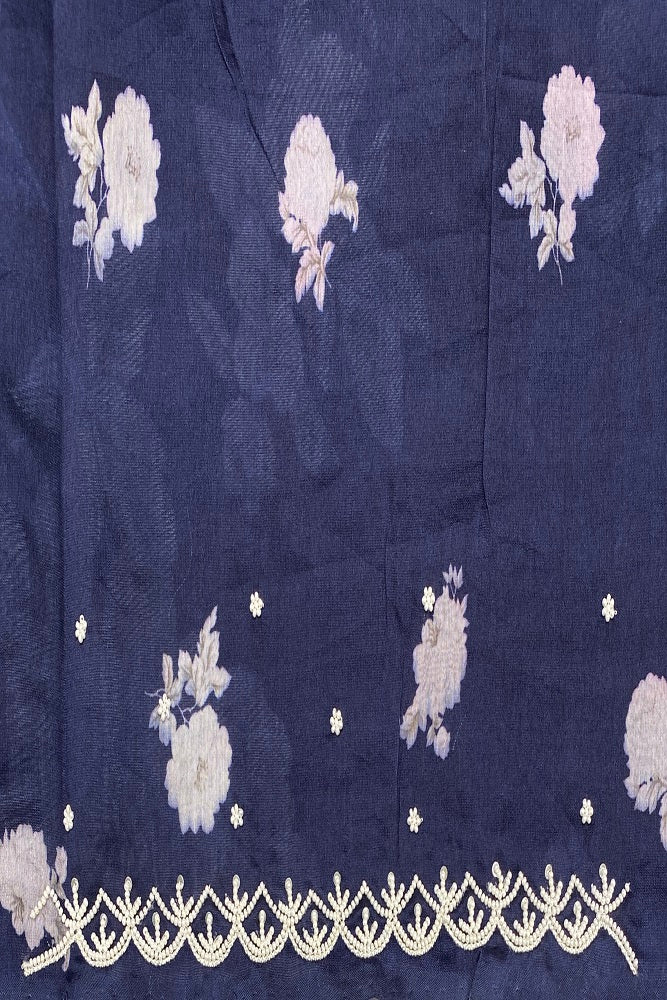 Blue Organza Print & Embroidery Party Wear Saree With Blouse Piece