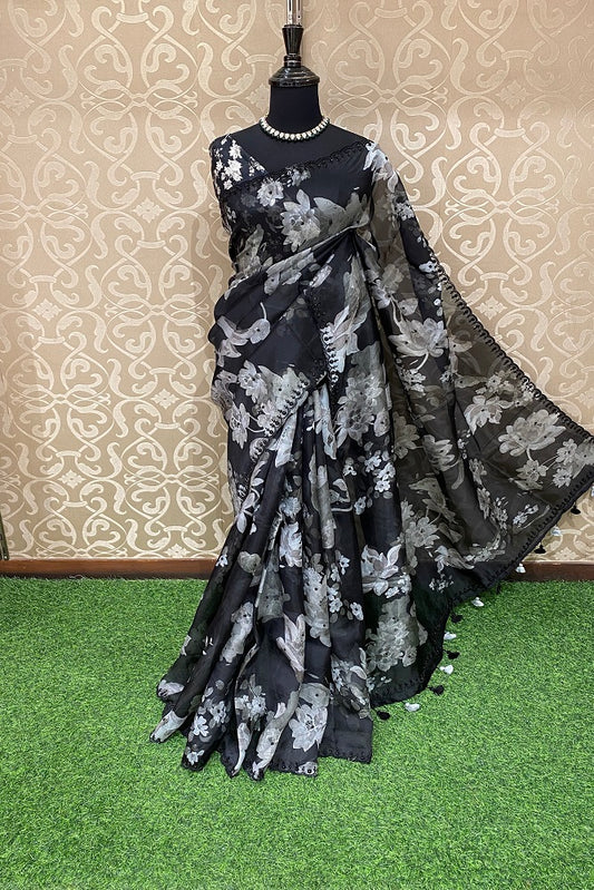 Black Organza Print & Embroidery Party Wear Saree With Blouse Piece