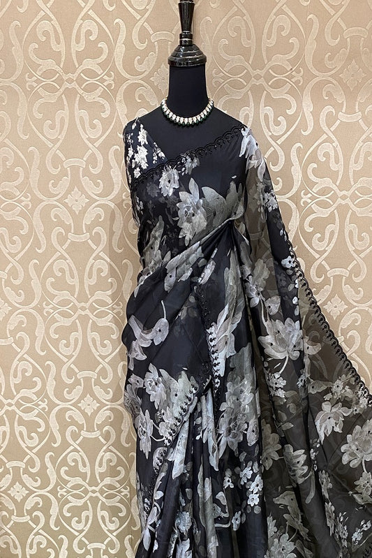 Black Organza Print & Embroidery Party Wear Saree With Blouse Piece