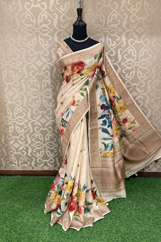 Offwhite Tussar Banarasi Floral Printed Saree, With Blouse Piece