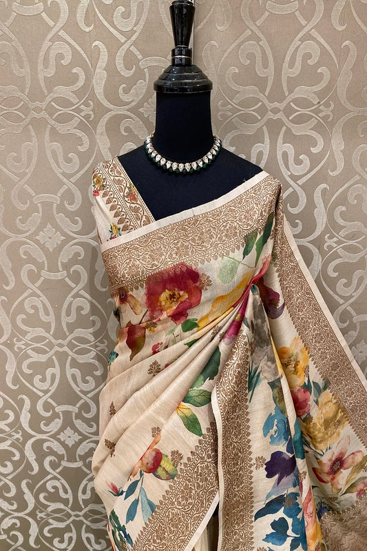 Offwhite Tussar Banarasi Floral Printed Saree, With Blouse Piece