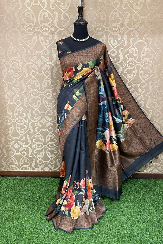 Black Tussar Banarasi Floral Printed Saree, With Blouse Piece