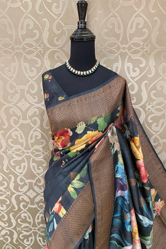 Black Tussar Banarasi Floral Printed Saree, With Blouse Piece