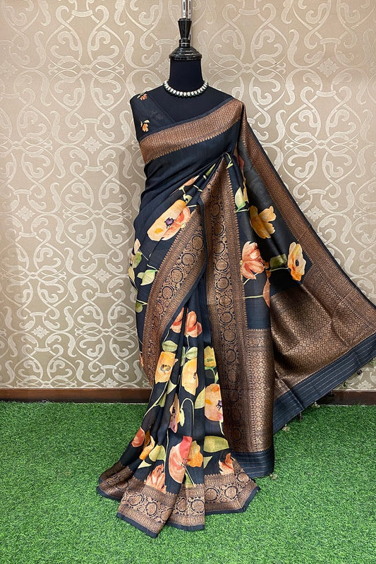 Black Tussar Banarasi Floral Printed Saree, With Blouse Piece