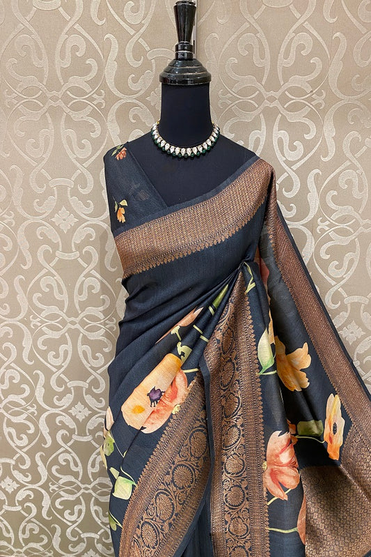 Black Tussar Banarasi Floral Printed Saree, With Blouse Piece