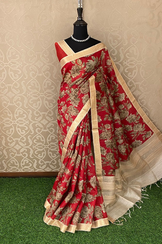 Red Munga Silk Printed Saree Zari Border With Blouse