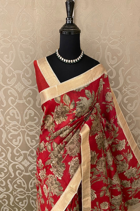 Red Munga Silk Printed Saree Zari Border With Blouse