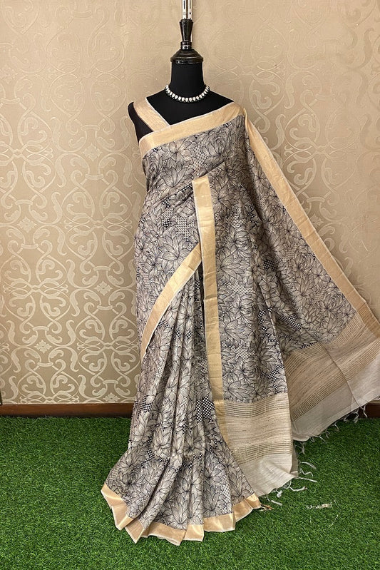 Offwhite Black Munga Silk Printed Saree Zari Border With Blouse