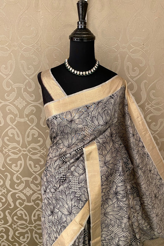 Offwhite Black Munga Silk Printed Saree Zari Border With Blouse