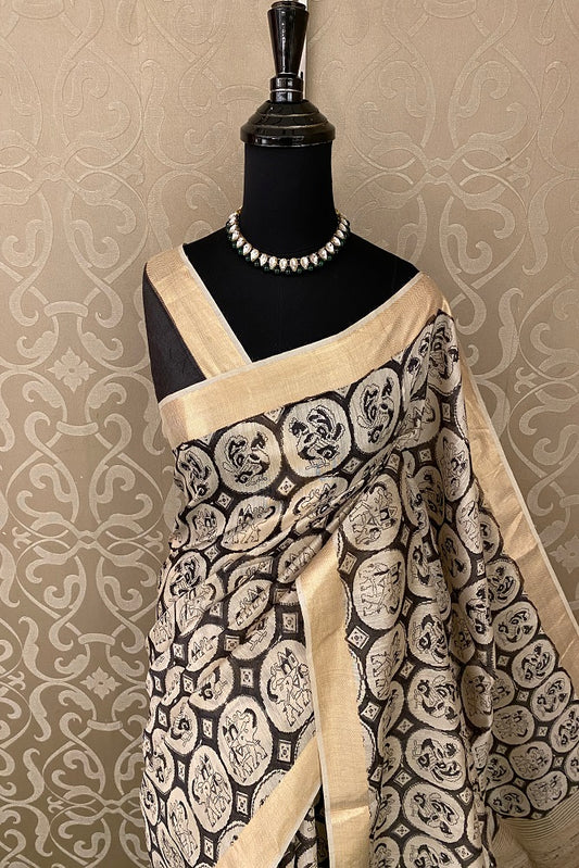 Offwhite Black Munga Silk Printed Saree Zari Border With Blouse
