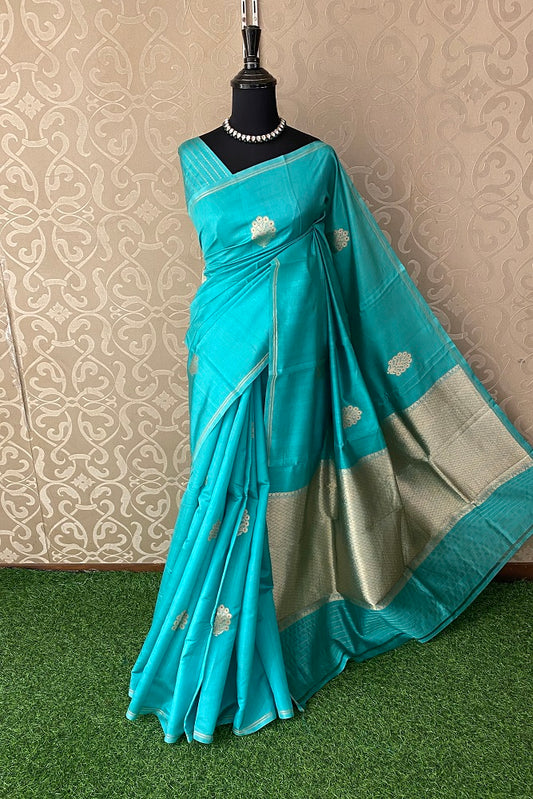 Firozi Poona Silk Saree Golden Zari Woven Buttas,With Blouse