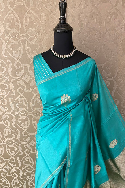 Firozi Poona Silk Saree Golden Zari Woven Buttas,With Blouse