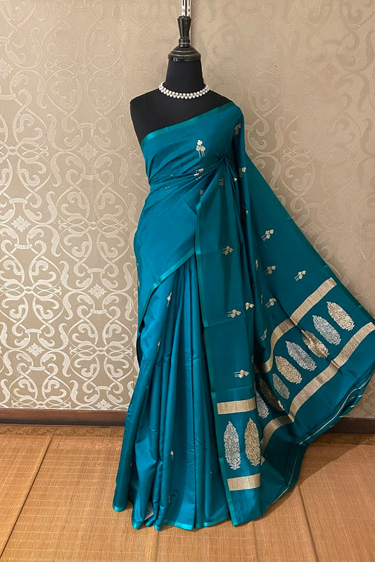Teal Poona Silk Saree Golden Zari Woven Buttas,With Blouse