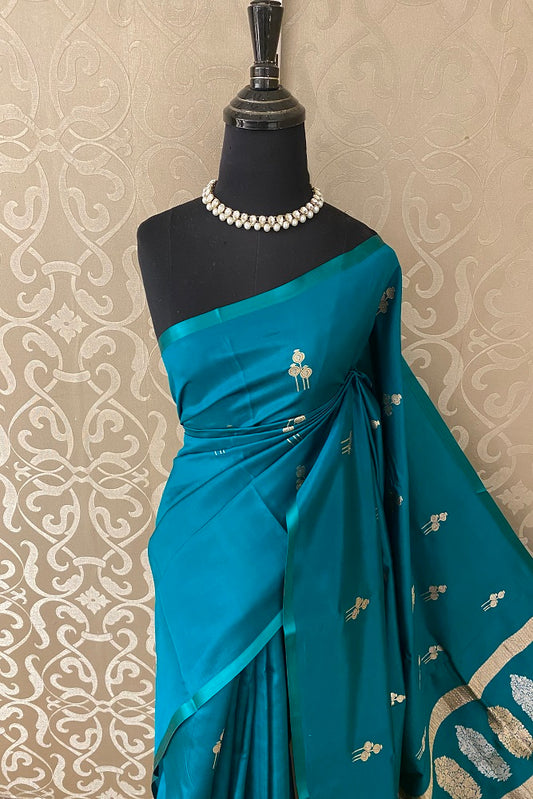 Teal Poona Silk Saree Golden Zari Woven Buttas,With Blouse