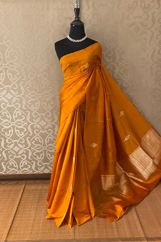 Rust Orange Poona Silk Saree Golden Zari Woven Buttas,With Blouse