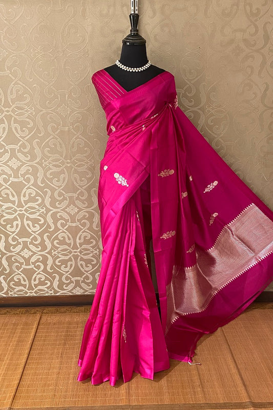 Rani Pink Poona Silk Saree Golden Zari Woven Buttas,With Blouse